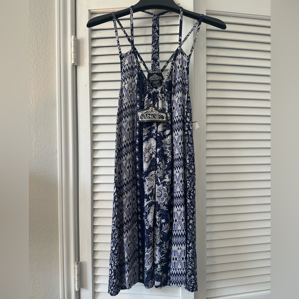 ANGIE NWT Size Small mini slip dress blue and white boho floral Aztec print